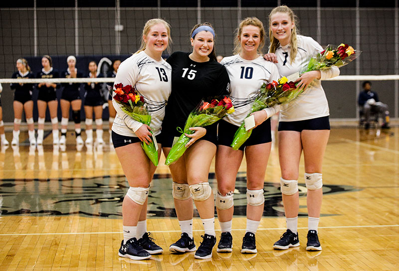 The sophomores on the Madison College volleyball team were recognized at the Oct. 16 match. Picture, from left, are: Paige Alsum, Maddie Scalissi, Olivia Darkow, and Paige Hostetler.