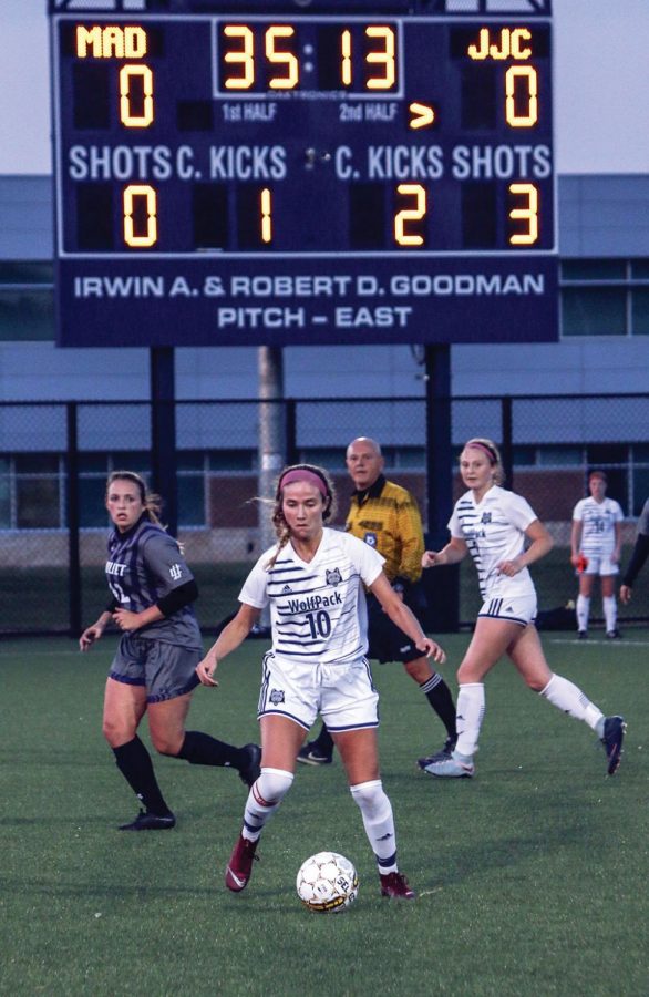 Madison+College+women%E2%80%99s+soccer+player+Peyton+Trapino+%2810%29+takes+control+of+the+ball+during+the+NJCAA+Regional+IV+Division+III+Tournament+Championship+at+home+against+Joliet+Junior+College+on+Oct.+24.+The+WolfPack+fell%2C+3-0.