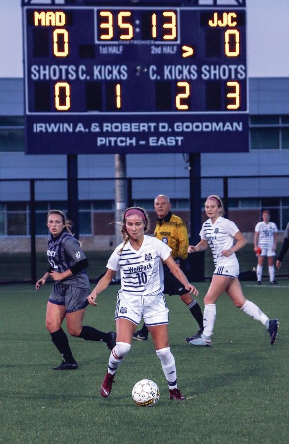 Madison College women’s soccer player Peyton Trapino (10) takes control of the ball during the NJCAA Regional IV Division III Tournament Championship at home against Joliet Junior College on Oct. 24. The WolfPack fell, 3-0.