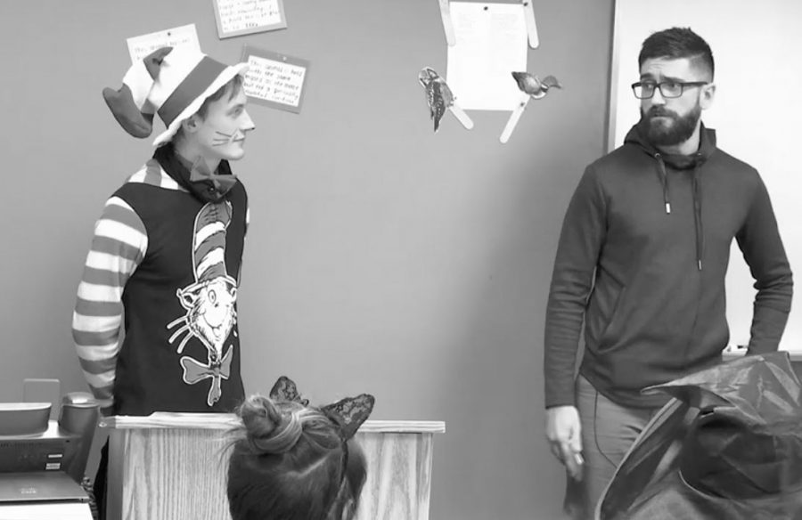 Filament Games staff members Ethan Cayko, left, and Brandon Pittser spoke at the fifth Stem Center Speaker Series presentation of the semester held on Halloween (hence Ethan’s Cat in the Hat costume) at the Truax Campus.