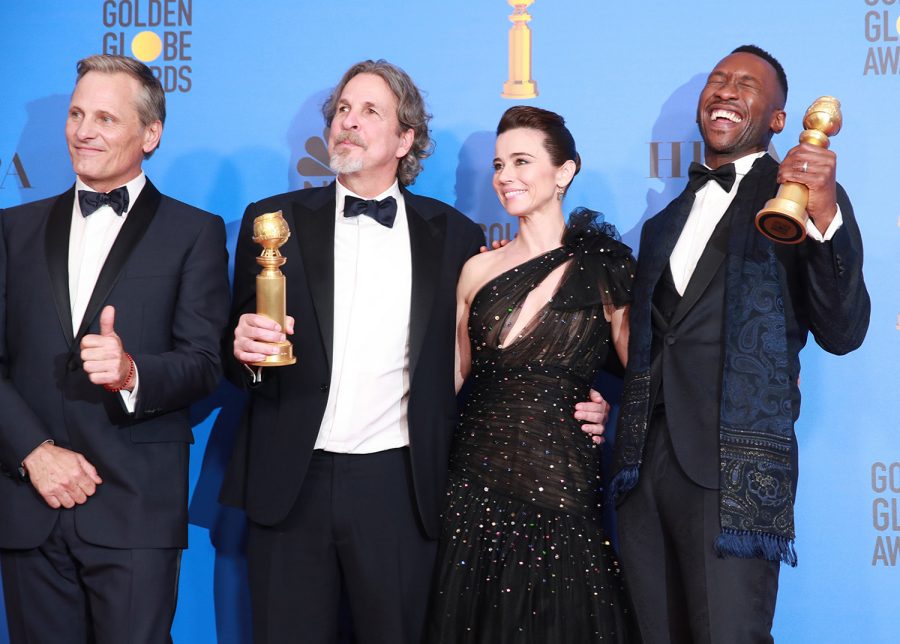 The cast and director of Green Book, from left, Viggo Mortensen, director Peter Farrelly, Linda Cardellini, and Mahershala Ali backstage at the 76th Annual Golden Globes at the Beverly Hilton Hotel in Beverly Hills, Calif., on Sunday, Jan. 6, 2019.