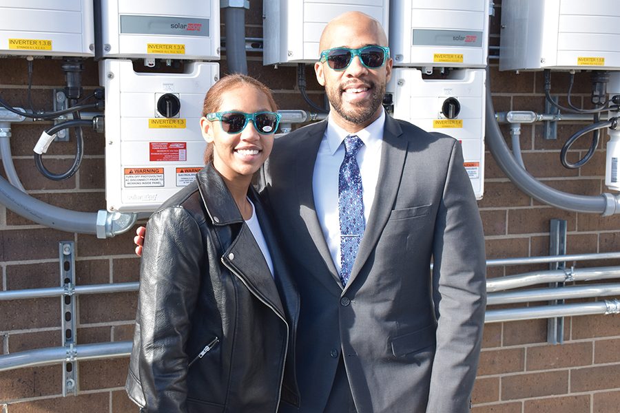 Managing Editor Amara Gobermann, left, gets a photo with Lt. gov. Mandala Barnes after an event celebrating Madison Colleges rooftop solar array earlier this semester