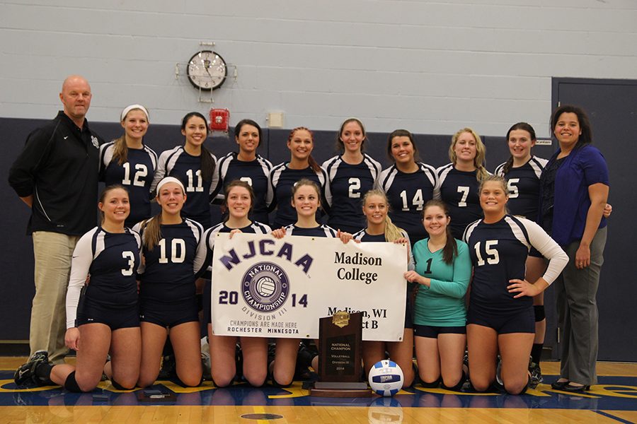 The Madison College volleyball team poses for a photo after winning the 2014 NJCAA Division III title. The team was recently selected for the NJCAA Region IV Hall of Fame.
