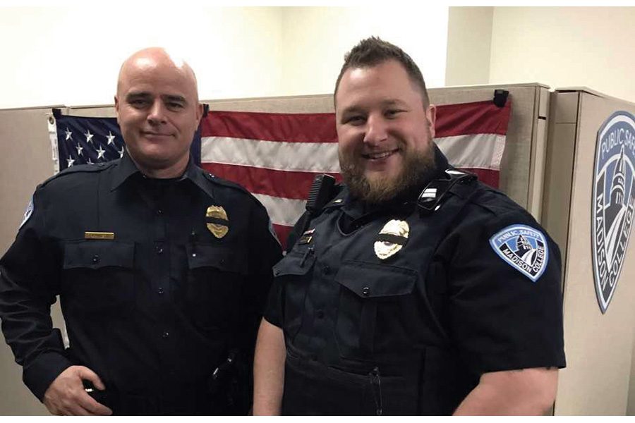 Madison College’s new Director of Public Safety John Flannery, left, is welcomed by Lieutenant of Operations Joe Steffen.  Flannery comes to Madison College from Northeast Wisconsin Technical College, where he served as the Associate Dean of Public Safety.