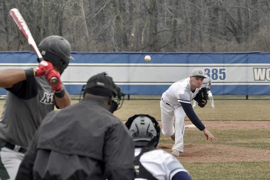 Madison College pitcher Matt Hamilton delivers a pitch to a Kishwaukee opponent during their home opener on March 27. The WolfPack swept the doubleheader, 10-0, and 3-0.