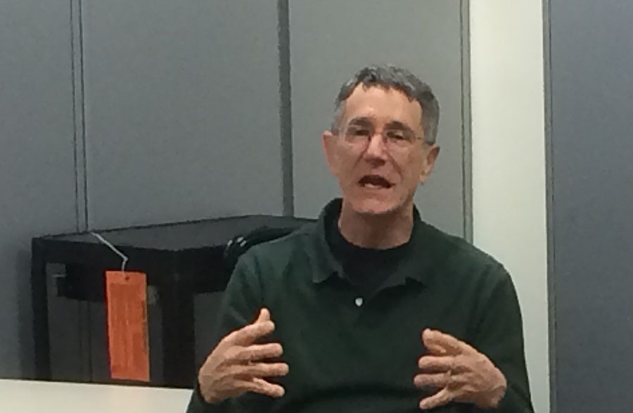 Madison College counselor John Boyne visits with a class about his role assisting students who have substance abuse issues