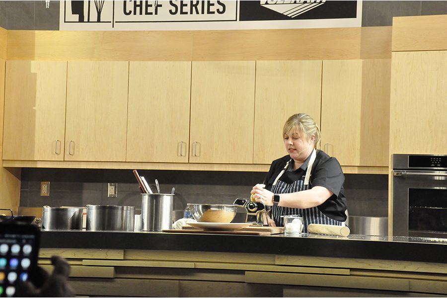 Chef Sarah Gruneberg makes a dish during the April 10 Chef Series presentation at Madison College