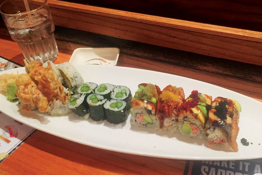From right to left: Dragon roll, asparagus roll and spicy spider roll