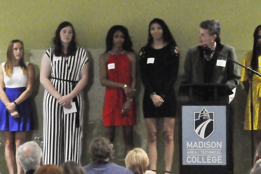 Madison College women’s basketball coach Lois Heeren introduces her team during the annual athletic banquet on April 24.