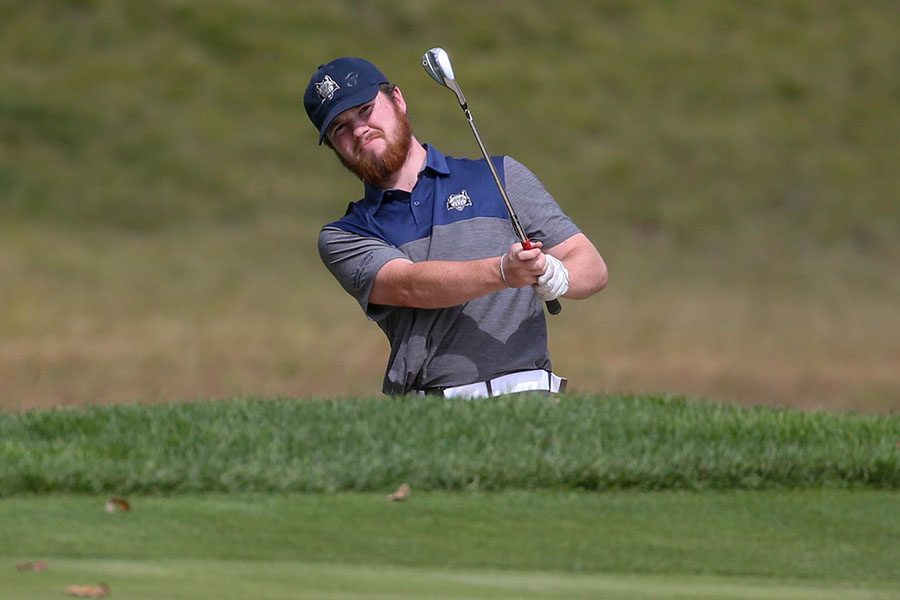 Madison College golfer AJ Gray chips the ball toward the green during a recent match at the Texas Roadhouse Madison College Invitational on Sept. 7.