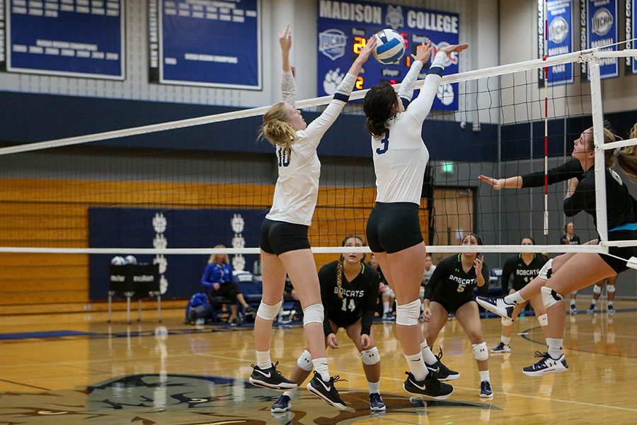 Madison College’s Calla Borchert (10) and Isabella Carrillo team up to block an opponent during a recent home match.