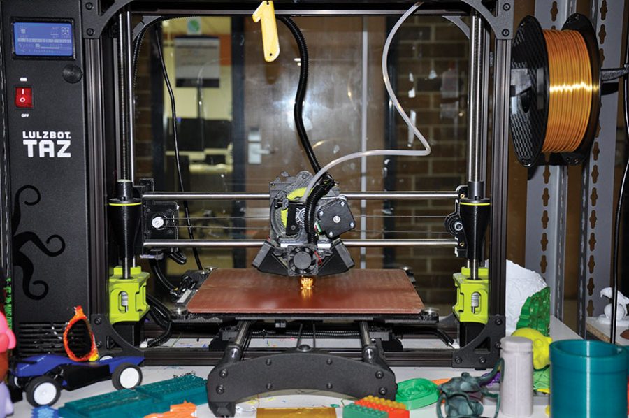 One of the 3D printers int he STEM Center prints a pumpkin. Students can earn their Digital 3D Printing badge at two upcoming sessions planned in the STEM Center. Those sessions are on Oct. 31, from 2 p.m. to 4:30 p.m. and on Nov. 8 form 9:30 a.m. to 12:30 p.m. To participate, students must sign up ahead of time using Eventbrite.com. Just search for “Earn a Digital 3D Printing Badge” by Madison College.