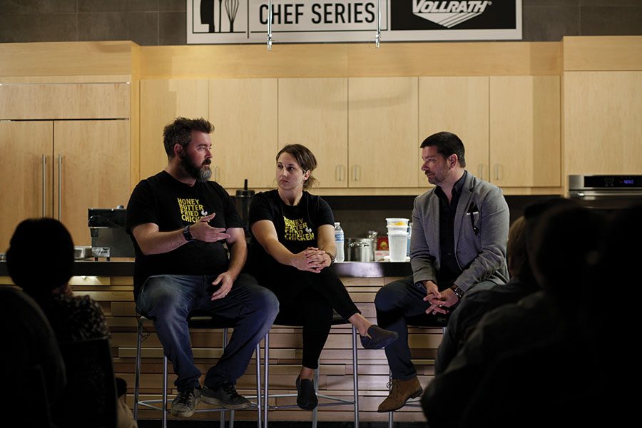 Josh Kulp, left, and Christine Cikoski, center, were the presenters at the latest Chef Series event.