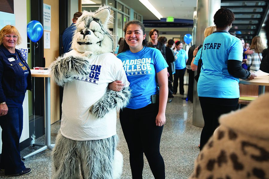 Wolfie, the Madison College mascot, welcomed guests to the Goodman South Campus dedication ceremony on Sept. 28.