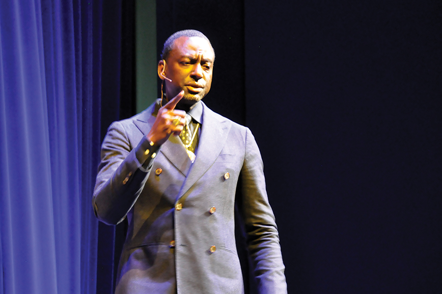 Dr. Yusef Salaam speaks in Mitby Theater at Madison College’s Truax Campus on Thursday, Nov. 7.