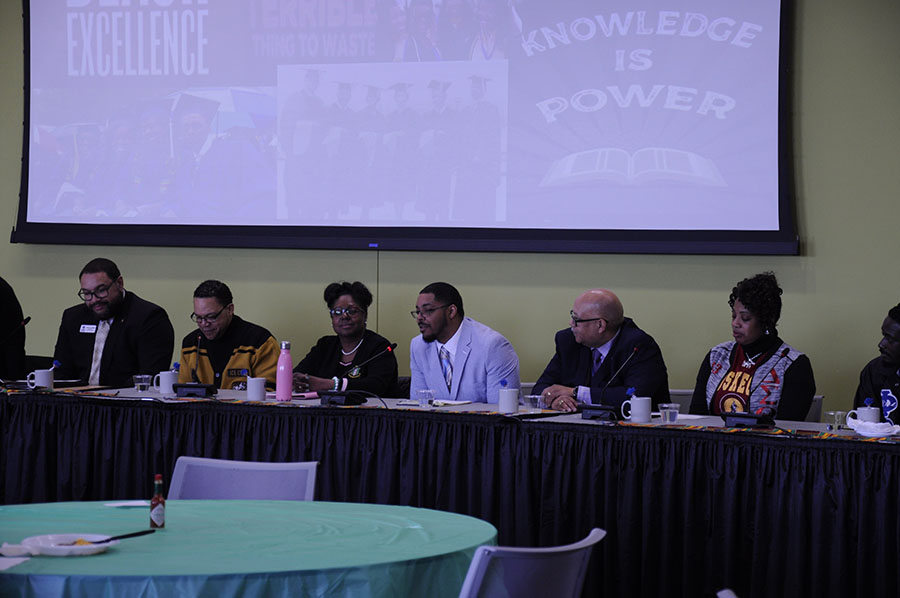 A+group+of+panelists+from+Madison+College+and+the+community+share+their+experiences+with+Historical+Black+Colleges+during+a+form+on+Feb.+27.