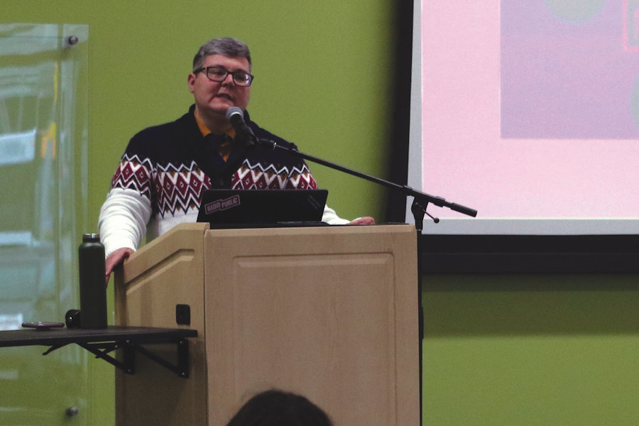 Author and activist Alex Iantaffi speaks at the Madison College Truax Campus at a Gender and Sexuality Alliance event in celebration of International Women’s Day.