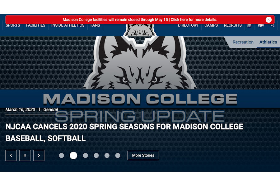 The+front+page+of+the+Madison+College+athletic+department%E2%80%99s+website+announces+the+cancellation+of+the+2020+spring+sports+seasons.