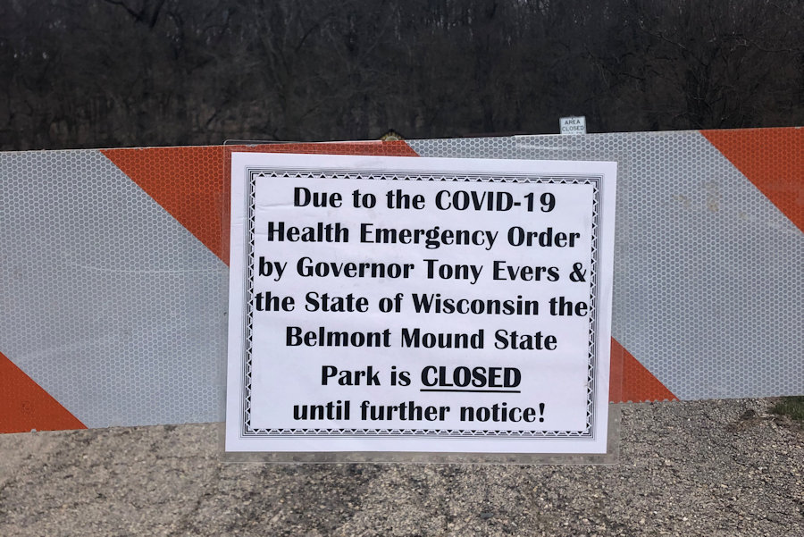 A sign outside Blue Mound State Park indicates that the park is closed indefinitely.