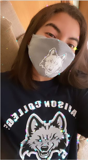 Student participates in Mask Monday by sharing a selfie on social media wearing a mask.