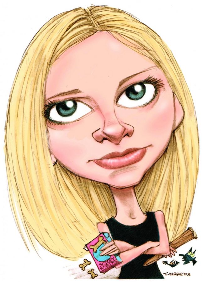 Color caricature of actress Sarah Michelle Gellar from Buffy the Vampire Slayer.