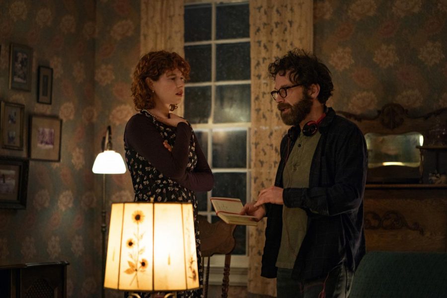 Jessie Buckley with Charlie Kaufman on the set of Im Thinking Of Ending Things