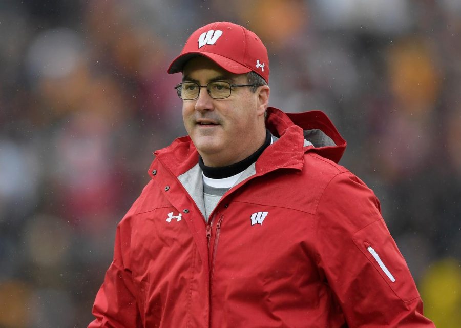 Coach+Paul+Chryst+of+the+Wisconsin+Badgers+looks+on+before+the+game+against+the+Minnesota+Golden+Gophers+at+TCF+Bank+Stadium+on+Nov.+30%2C+2019+in+Minneapolis.+A+COVID-19+outbreak+among+Wisconsin+players+and+coaches+forced+the+cancellation+of+two+games%2C+but+the+team+hopes+to+return+this+weekend.