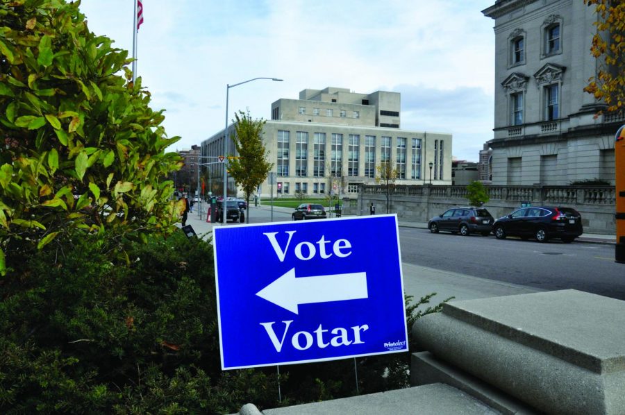 A vote sign outside Memorial Union’s voting station.