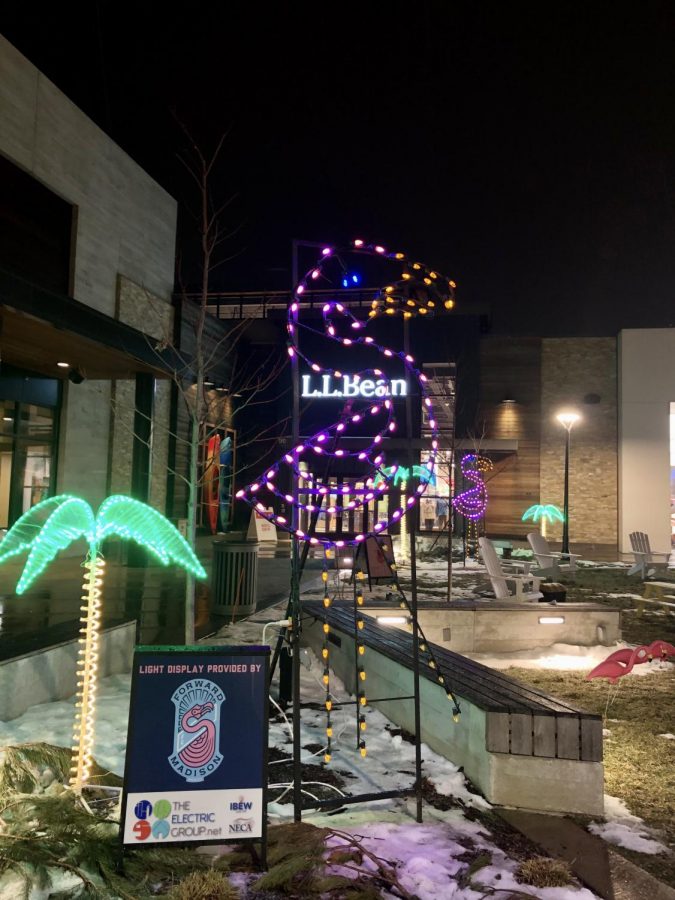 A neon flamingo lit up at night at the Hilldale Mall