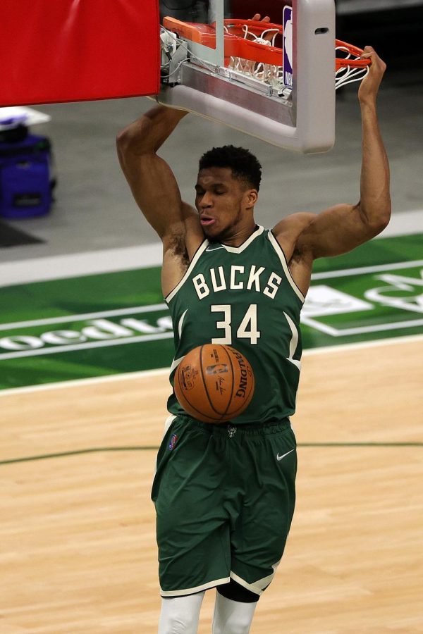 The+Milwaukee+Bucks%E2%80%99+Giannis+Antetokounmpo+dunks+against+the+New+York+Knicks+during+the+second+half+at+Fiserv+Forum+in+Milwaukee+on+March+11.