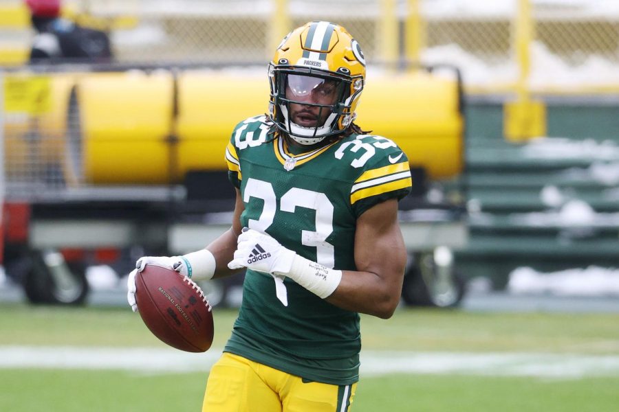 Green Bay Packers running back Aaron Jones warms up prior to the NFC Championship game at Lambeau Field on Jan. 24.
