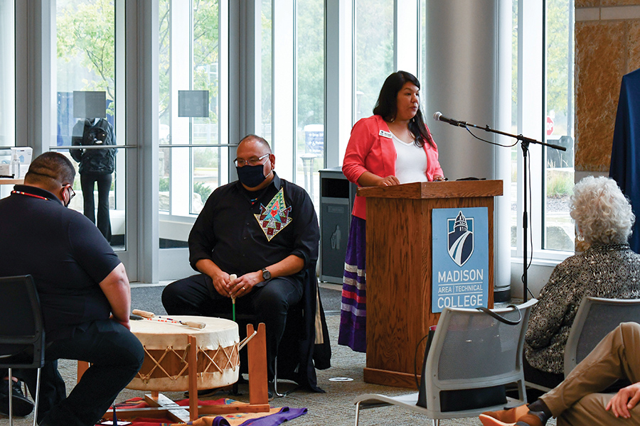 Madison College Community Engagement Coordinator Nicole Soulier speaks at the land acknowledgement event on Oct. 11.