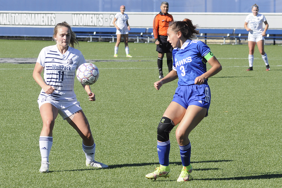 Madison College’s Alexis Kulow races past a Harper College defender during her team’s 3-0 win at home in the NJCAA Region 4 Division III women’s soccer championship on Oct. 23.