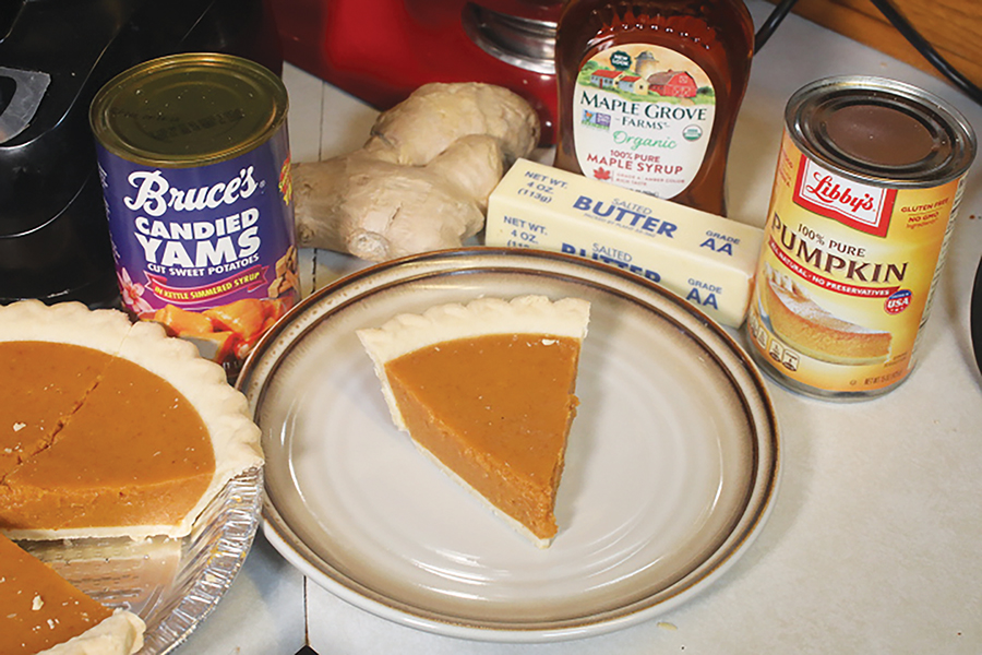 Slice of the finished pumpkin pie.