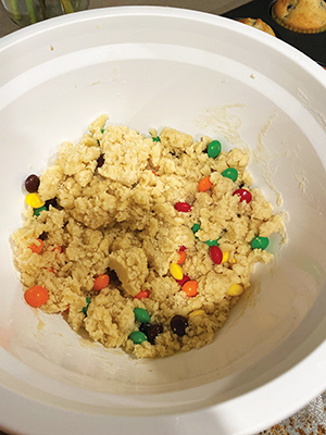 The dough for Skittles Sugar Coookies is ready to scoop onto a baking sheet and be put into the oven.