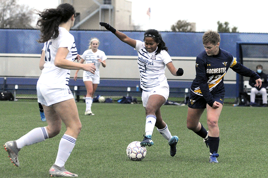 Madison College women’s soccer player Monica Tapia-Gutierrez protects the ball from a Rochester defender during a match on Oct. 28.