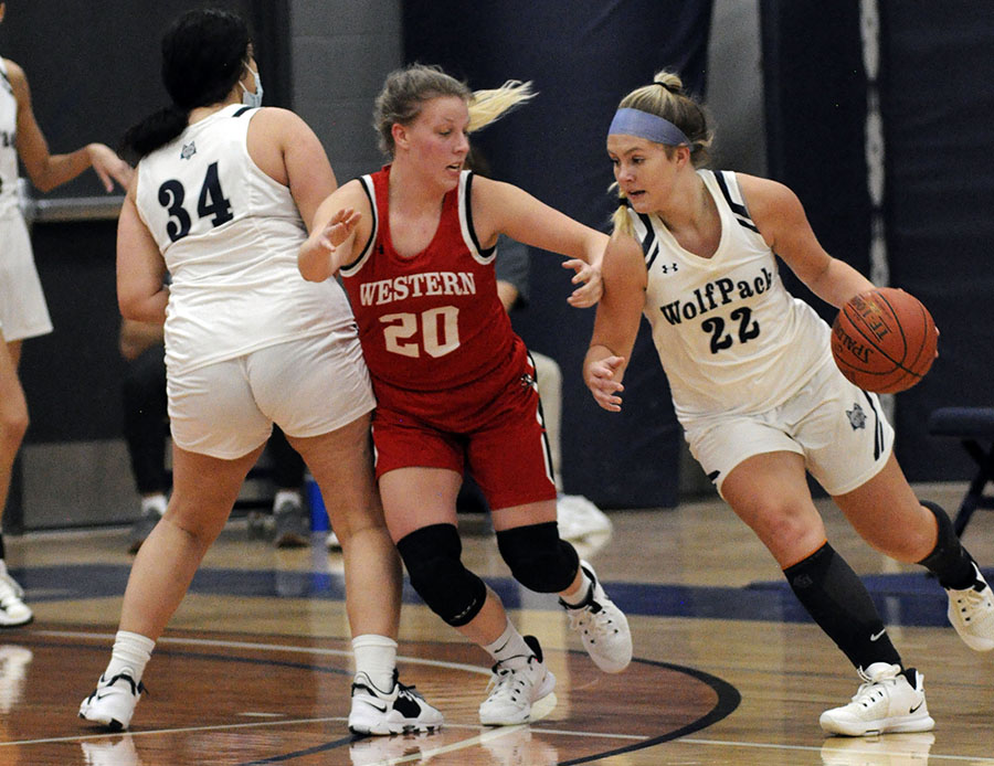Madison College freshman Taylor Ripp, right, drives past a defender during her team's loss to Western Technical College.
