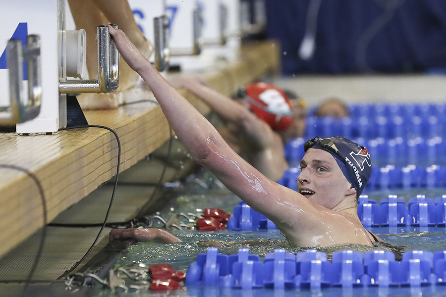 Penn+swimmer+Lia+Thomas+looks+up+at+her+time+after+finishing+first+in+the+500-yard+freestyle+race+during+the+NCAA+championships+at+the+McAuley+Aquatic+Center+in+Atlanta+on+Thursday%2C+March+17%2C+2022.+Thomas%2C+who+is+a+transgender+woman%2C+made+history+Thursday+as+the+first+transgender+person+to+claim+a+Division+I+national+title.