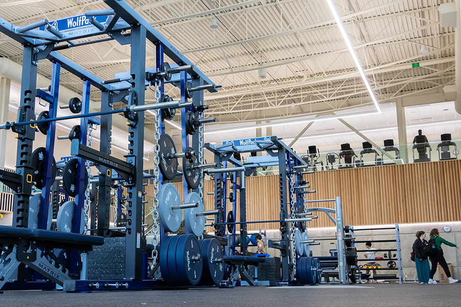 Weight+machines+and+free+weights+fill+the+first+floor+of+the+new+fitness+center+at+Madison+College.