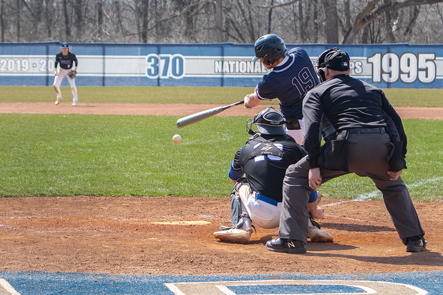 Gunnar Doyle (19) takes a cut at a pitch during a recent home game for the Madison College baseball team.