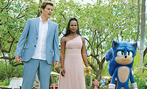 From left, James Marsden, Tika Sumpter and Sonic (Ben Schwartz) in Sonic the Hedgehog 2.