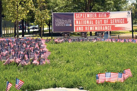 Flags decorated Lussier Plaza outside the Health Education Building on the Madison College Truax Campus in recognition of the September 11 National Day of Service and Remembrance.
