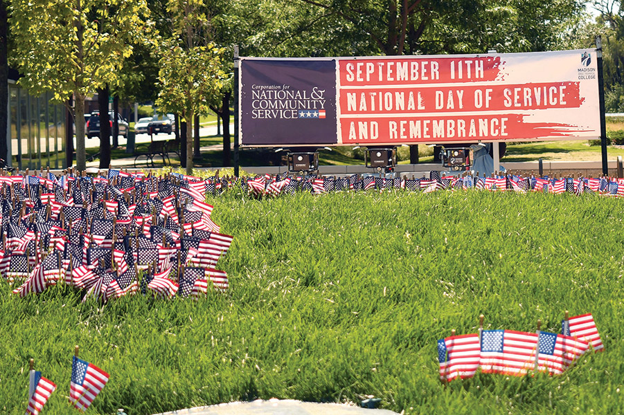 Flags+decorated+Lussier+Plaza+outside+the+Health+Education+Building+on+the+Madison+College+Truax+Campus+in+recognition+of+the+September+11+National+Day+of+Service+and+Remembrance.