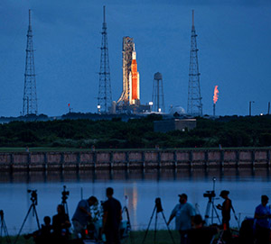 Photographers gather at dawn on launch day for Artemis I at Kennedy Space Center, Florida, on Saturday, Sept. 3, 2022. NASA scrubbed the second attempt to launch the moon-orbit test flight after ongoing fueling issues.