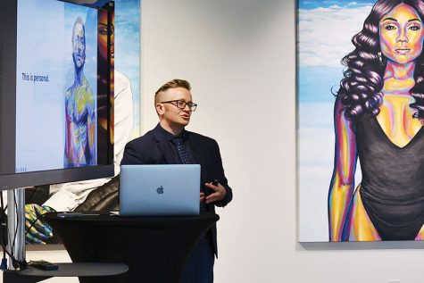 Artist Rae Senarighi talks about his show, “Transcend,” which was on display throughout September in the Truax Campus Art Galley. Senarighi participated in an “Artist Talks” presentation on Thursday, Sept. 17.