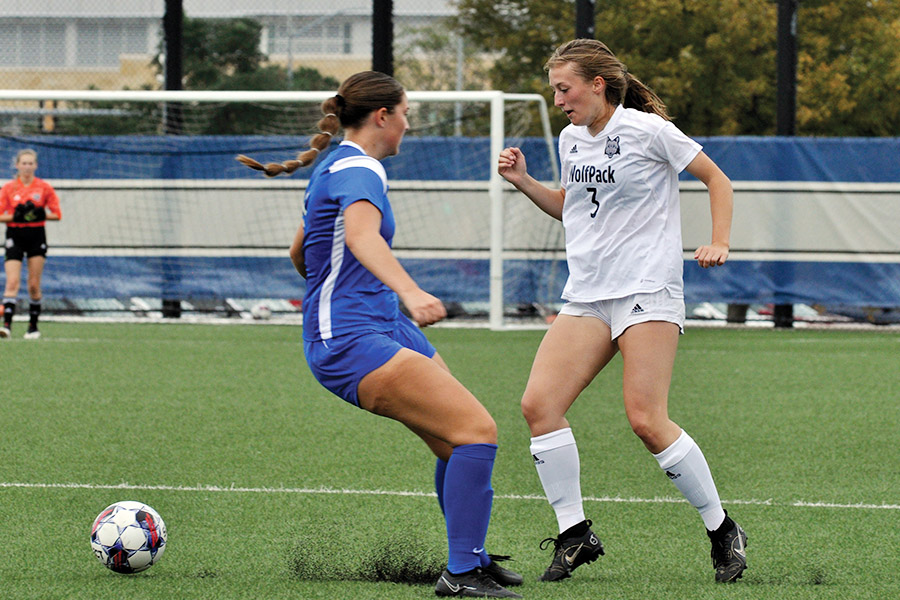 Madison College freshman midfielder Mahala Frey, right, battles a Finlandia University opponent for possession of the ball during their match on Sept. 17.