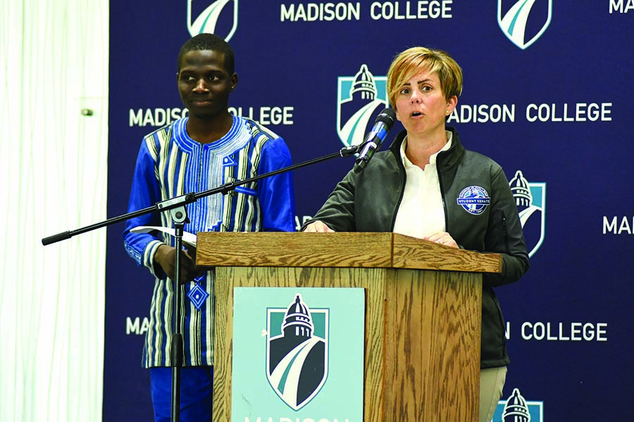 Student Senate Vice President of Team Development Lisa Lindert speaks during the Oct. 17 Town Hall as Senate President Wilfried Tapsoba looks on.