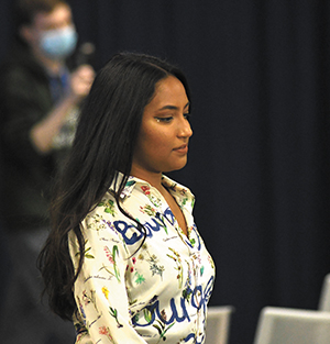 Student model Shahayra Majumeler walks across the runway during the show on Nov. 28