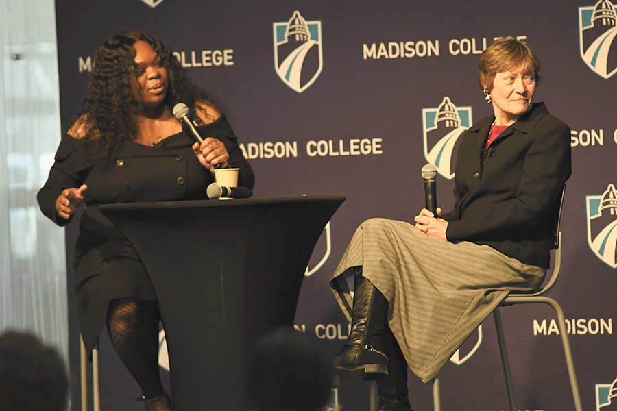Fashion marketing instructor Betty Hurd interviews global designer and Wisconsin native Therese Marie at the Embrace Fashion Show on Nov. 21 at the Madison College Truax Campus.