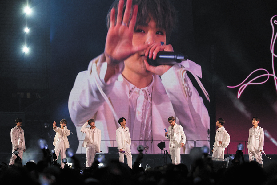 South Korean K-pop band BTS performs in concert on May 11, 2019, at Soldier Field in Chicago.
